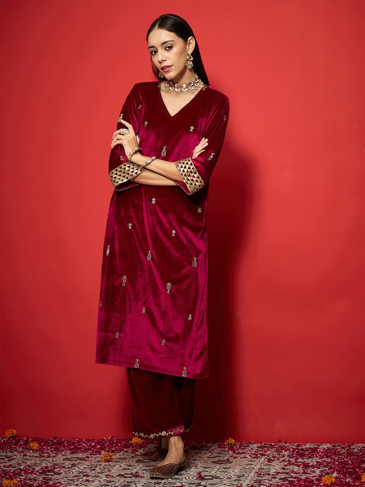 Fuchsia Velvet All Over Embroidered Straight Kurta-Shae by SASSAFRAS