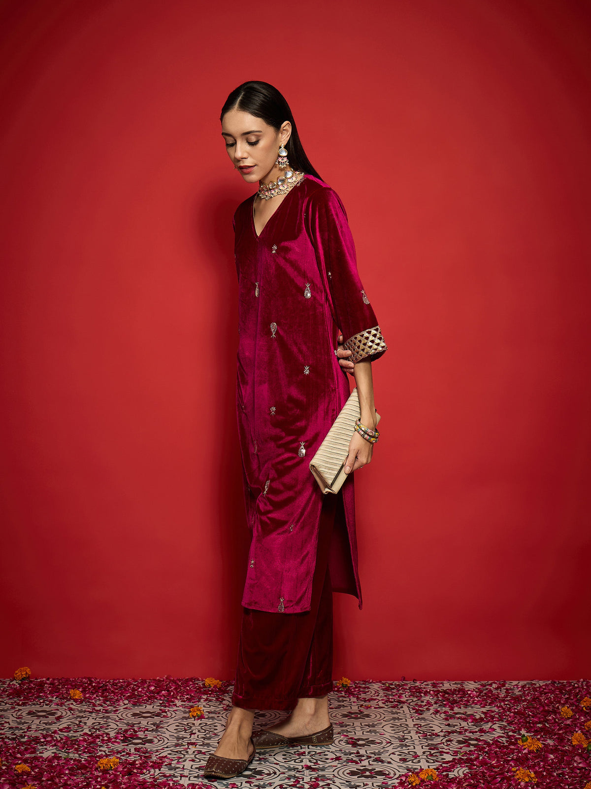 Fuchsia Velvet All Over Embroidered Straight Kurta-Shae by SASSAFRAS