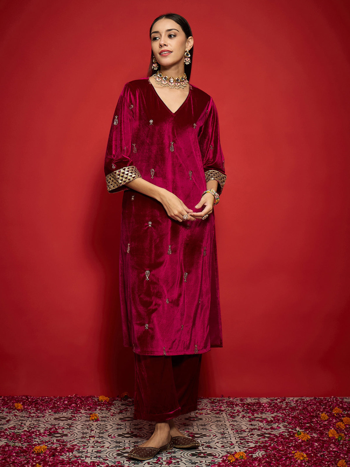 Fuchsia Velvet All Over Embroidered Kurta With Straight Pants -Shae by SASSAFRAS