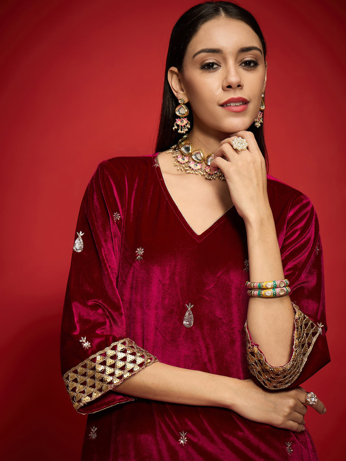 Fuchsia Velvet All Over Embroidered Kurta With Straight Pants -Shae by SASSAFRAS