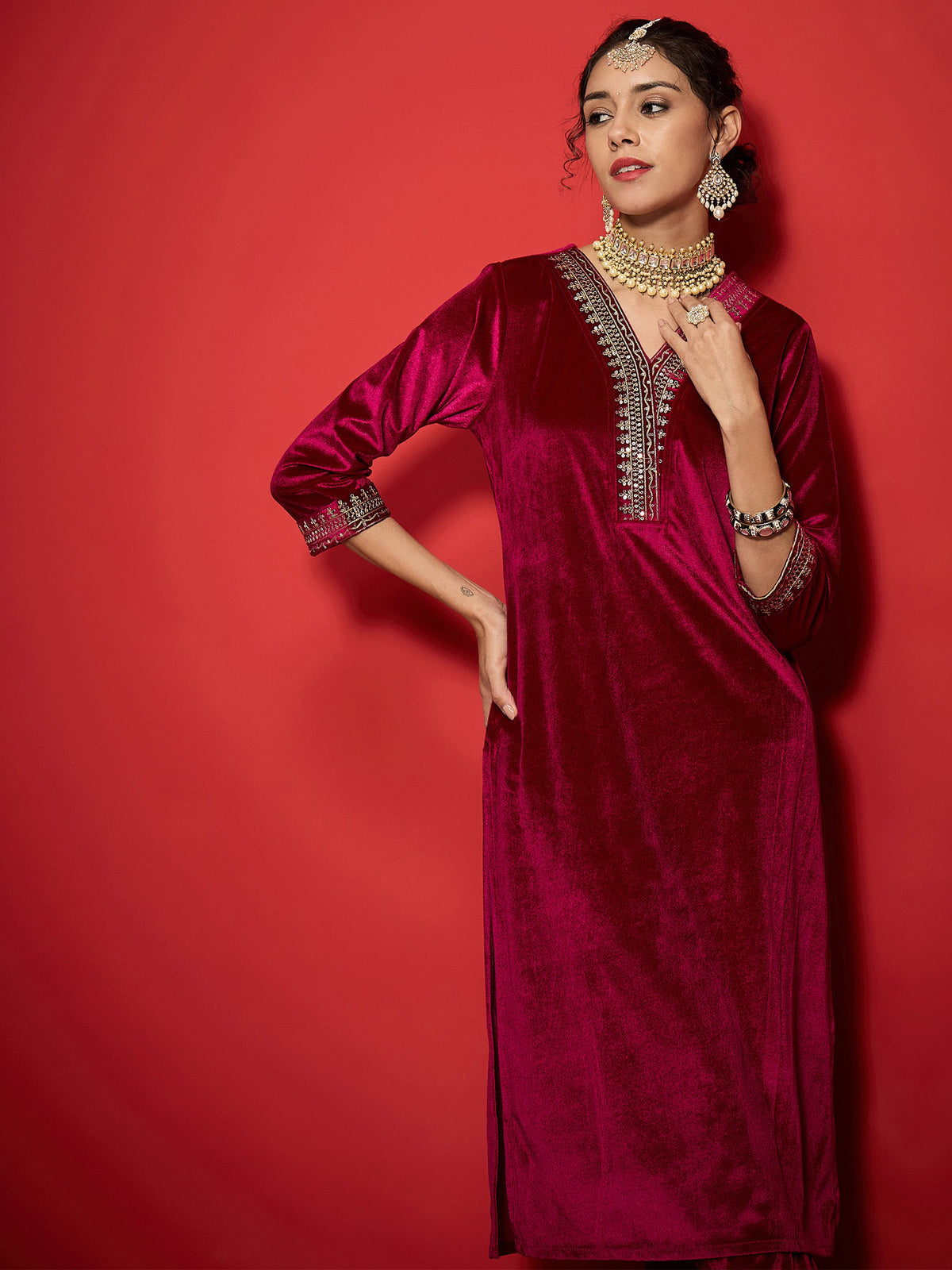 Fuchsia Velvet Embroidered Straight Kurta-Shae by SASSAFRAS