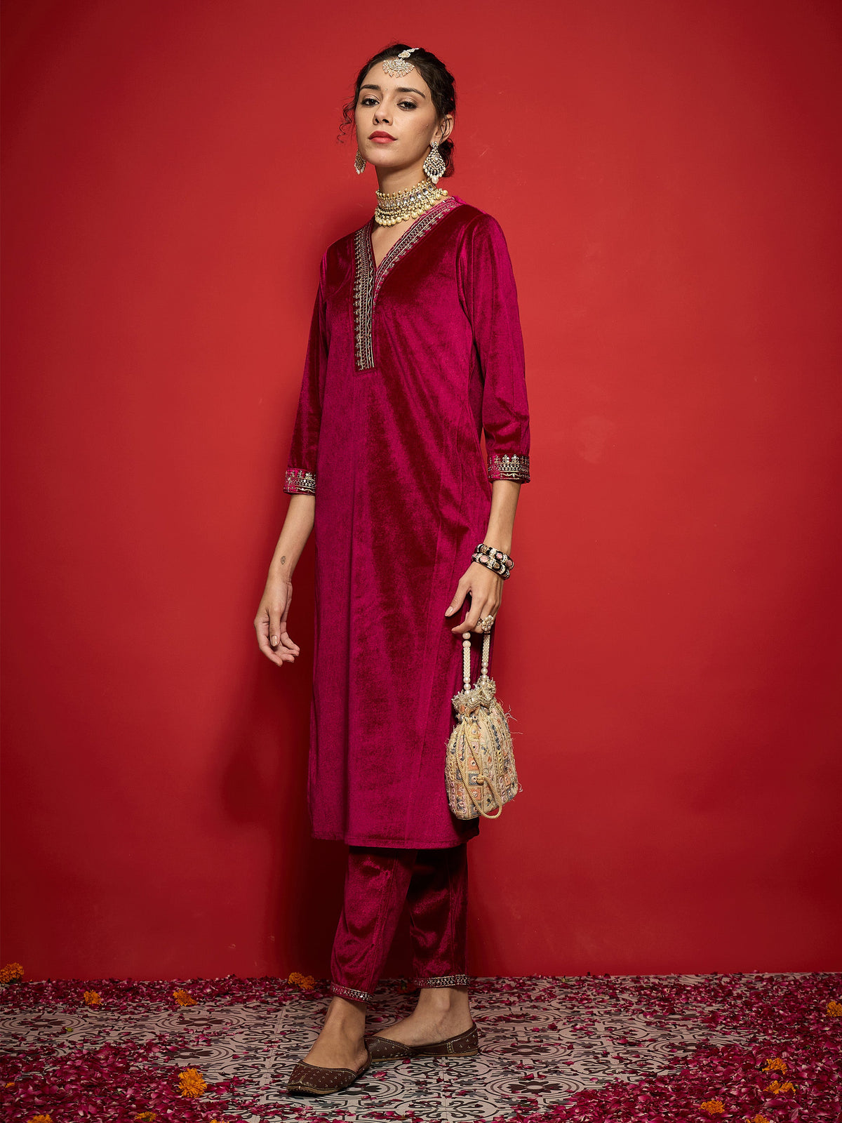 Fuchsia Velvet Embroidered Straight Kurta-Shae by SASSAFRAS