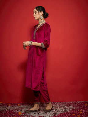 Fuchsia Velvet Embroidered Straight Kurta-Shae by SASSAFRAS