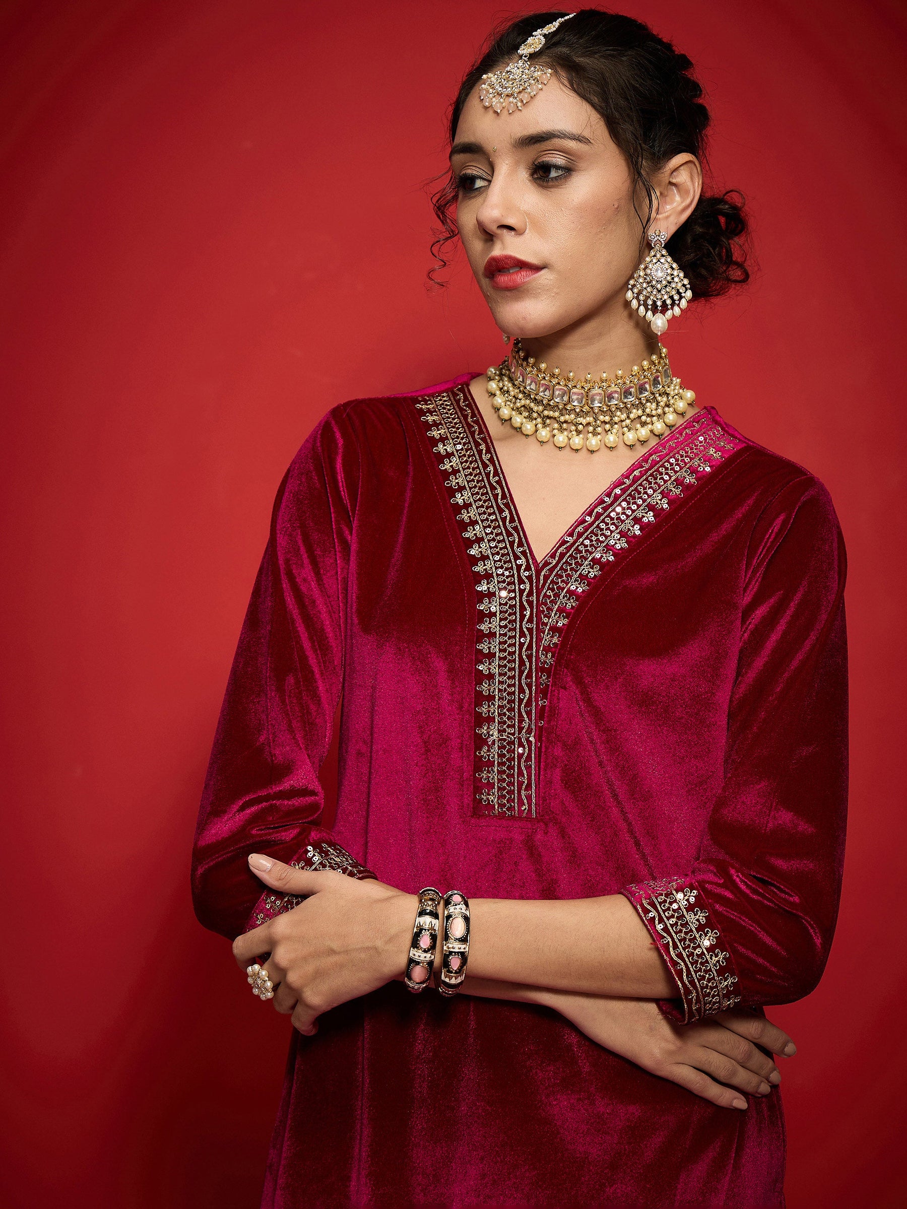 Fuchsia Velvet Embroidered Straight Kurta-Shae by SASSAFRAS