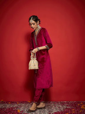 Fuchsia Velvet Embroidered Straight Kurta With Pencil Pants-Shae by SASSAFRAS