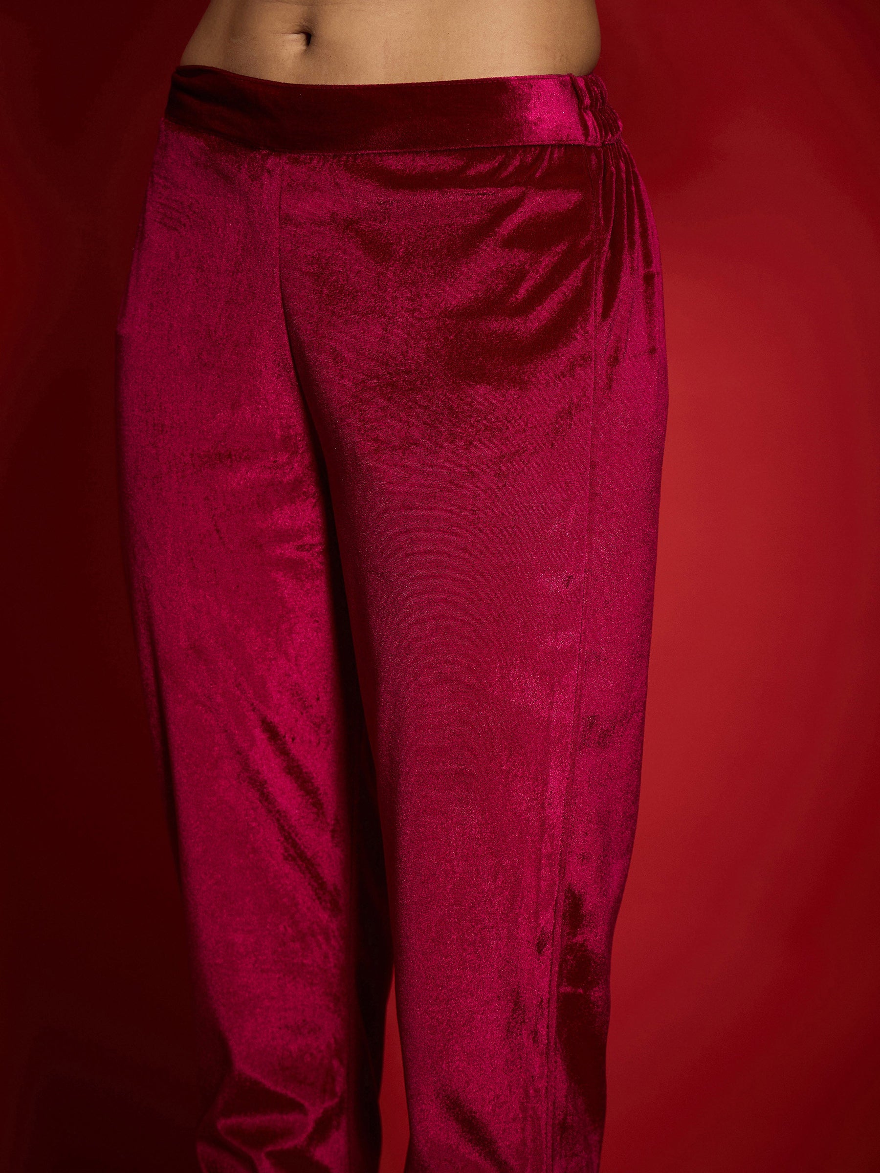 Fuchsia Velvet Embroidered Straight Kurta With Pencil Pants-Shae by SASSAFRAS