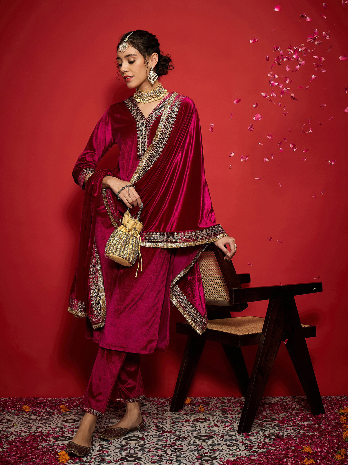 Fuchsia Velvet Embroidered Straight Kurta Set With Dushala -Shae by SASSAFRAS