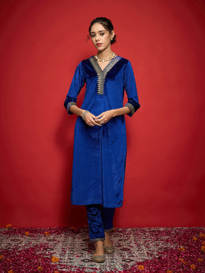 Royal Blue Velvet Embroidered Straight Kurta-Shae by SASSAFRAS