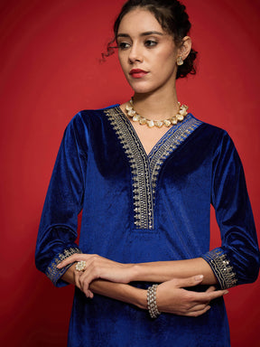 Royal Blue Velvet Embroidered Straight Kurta-Shae by SASSAFRAS