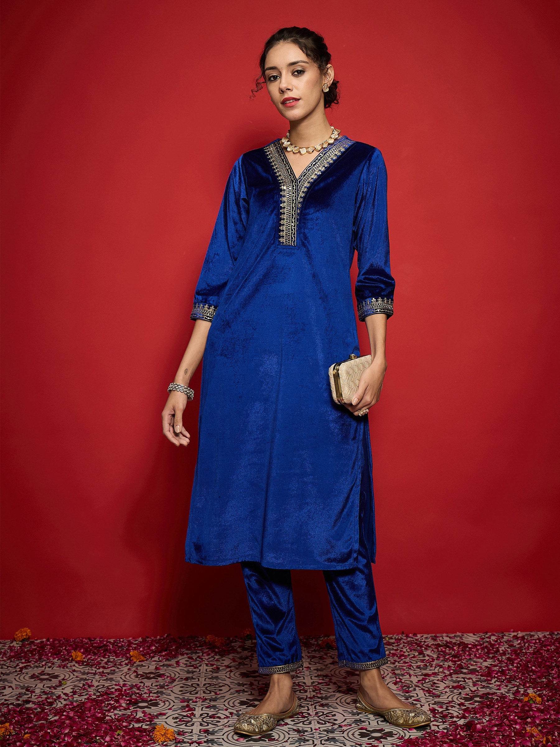 Royal Blue Velvet Embroidered Straight Kurta With Pencil Pants-Shae by SASSAFRAS