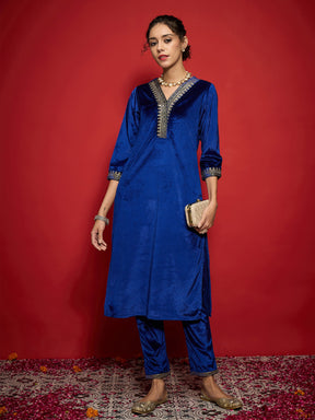 Royal Blue Velvet Embroidered Straight Kurta With Pencil Pants-Shae by SASSAFRAS