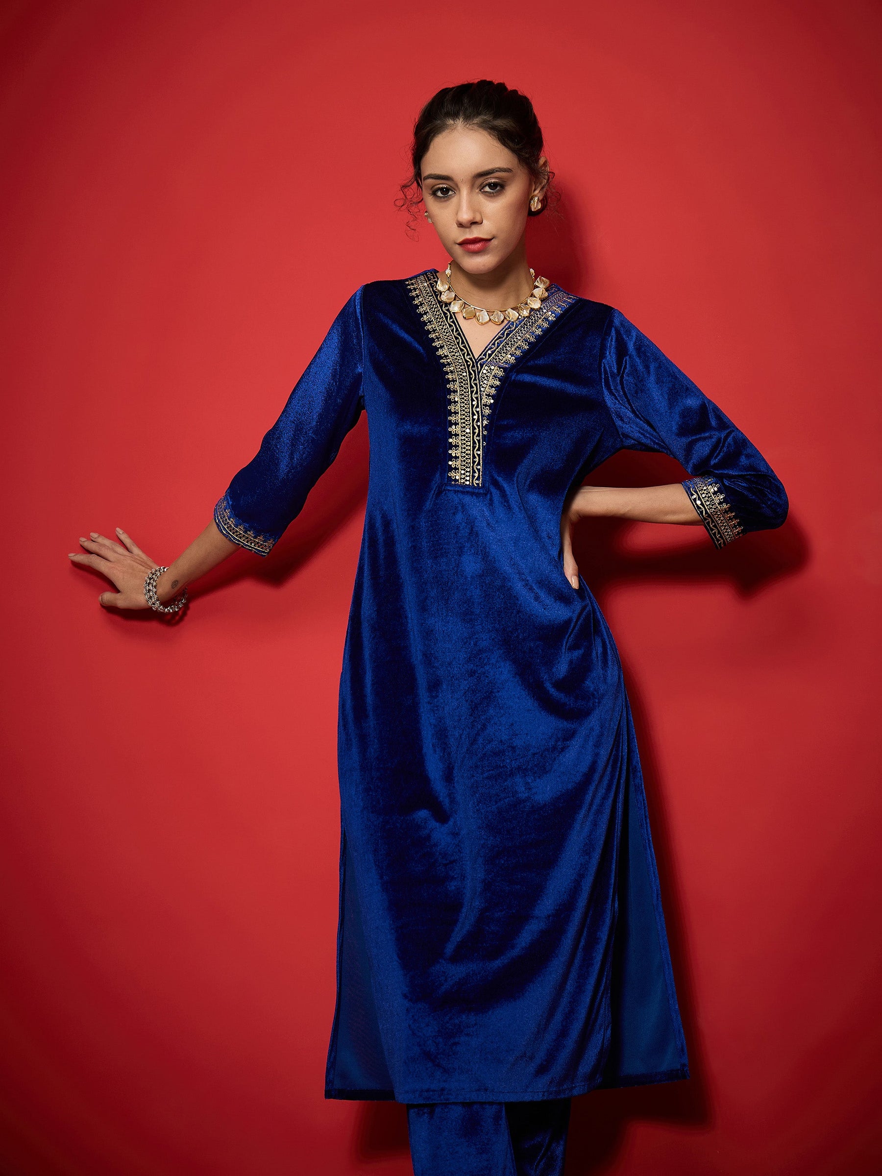 Royal Blue Velvet Embroidered Straight Kurta With Pencil Pants-Shae by SASSAFRAS