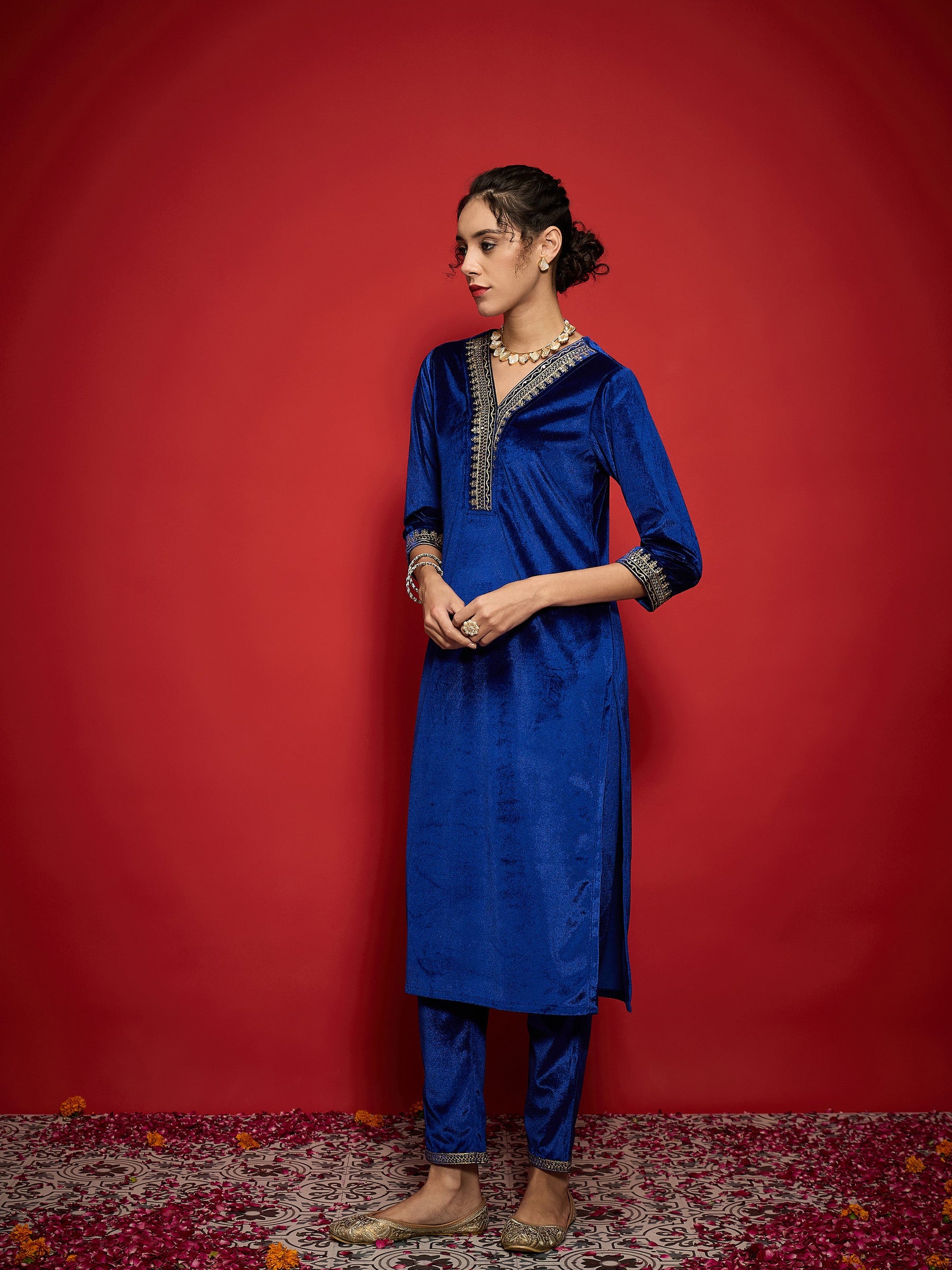 Royal Blue Velvet Embroidered Straight Kurta With Pencil Pants-Shae by SASSAFRAS