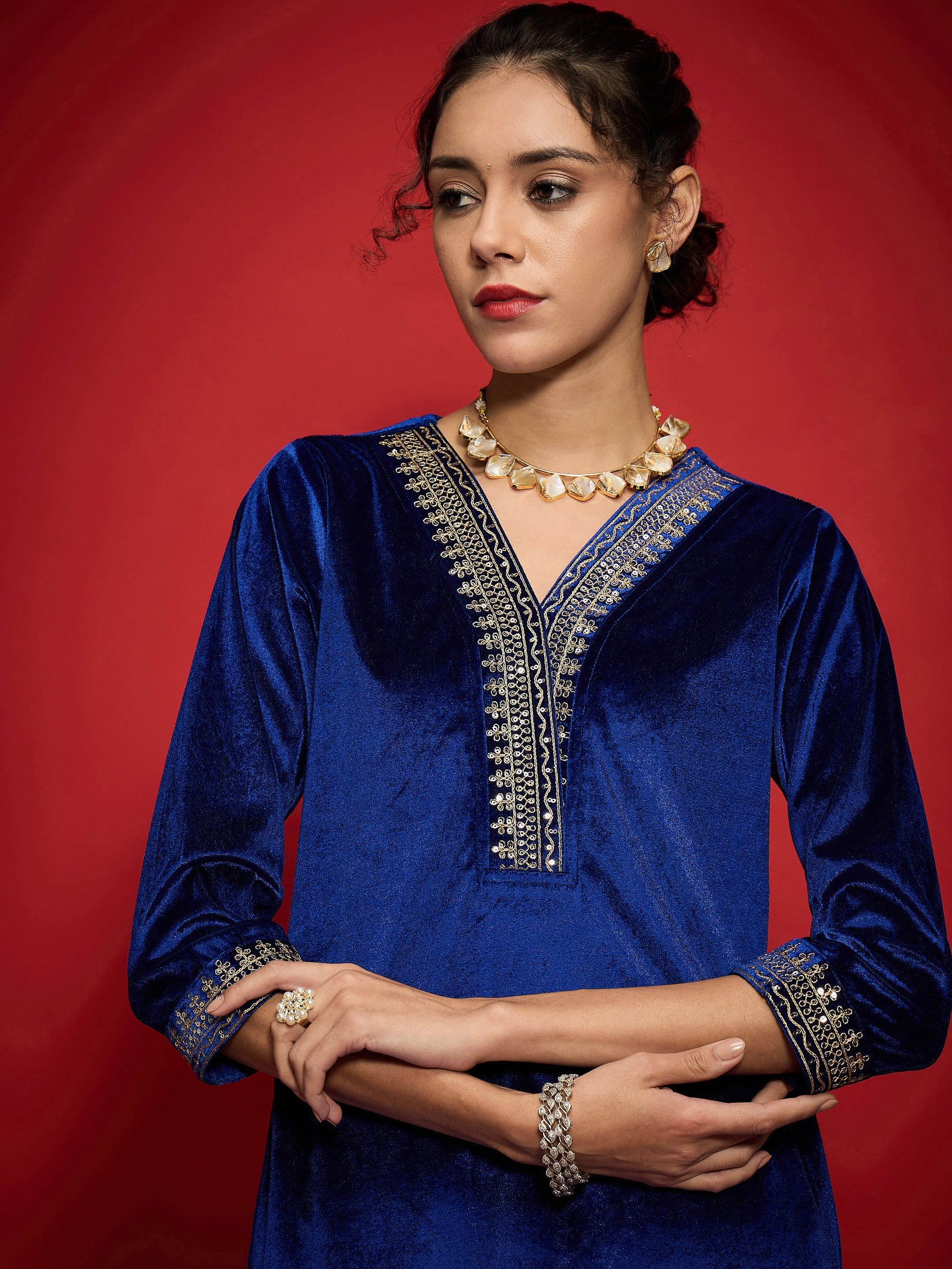 Royal Blue Velvet Embroidered Straight Kurta With Pencil Pants-Shae by SASSAFRAS