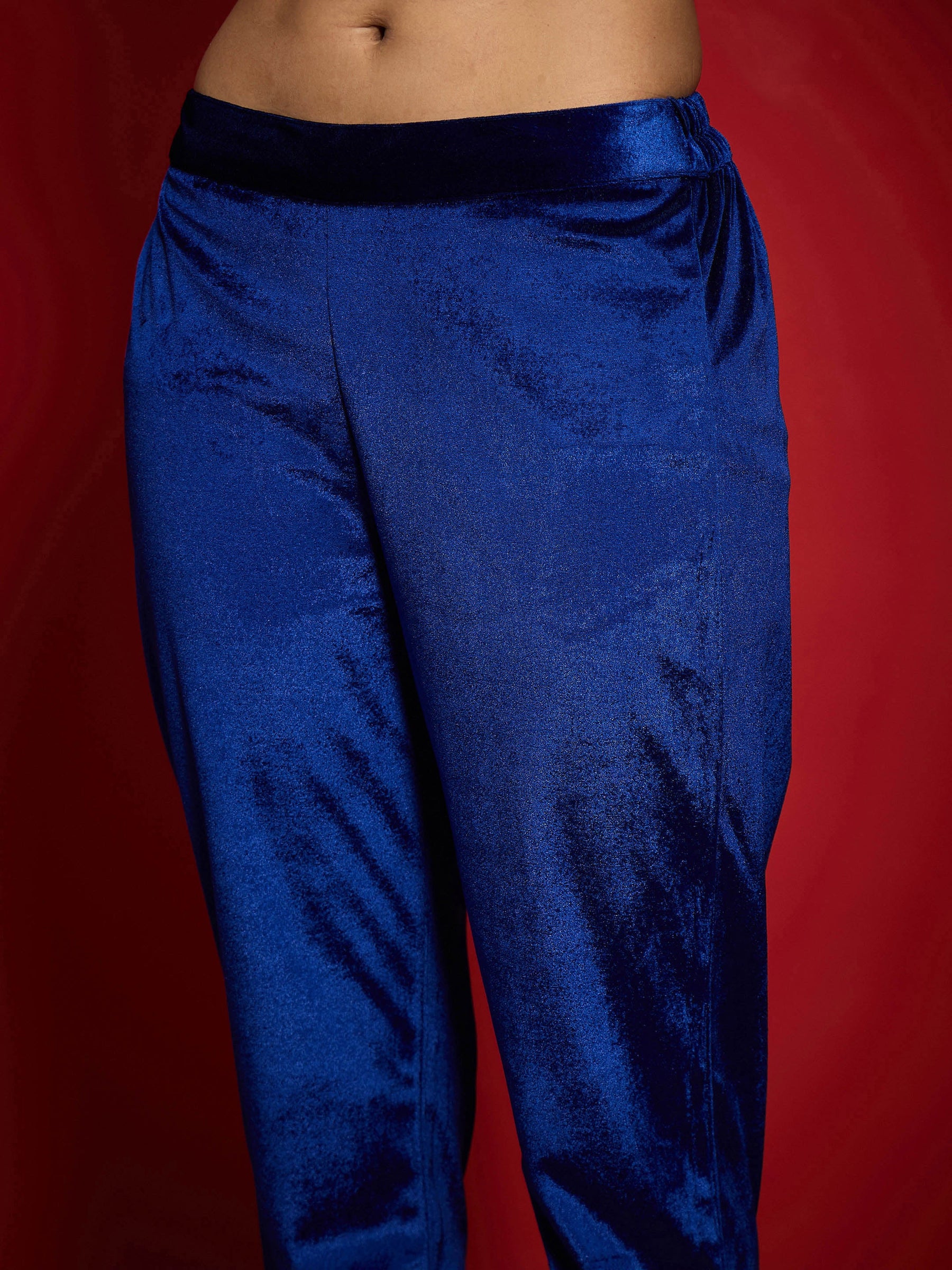 Royal Blue Velvet Embroidered Straight Kurta With Pencil Pants-Shae by SASSAFRAS