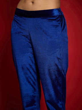 Royal Blue Velvet Embroidered Straight Kurta With Pencil Pants-Shae by SASSAFRAS