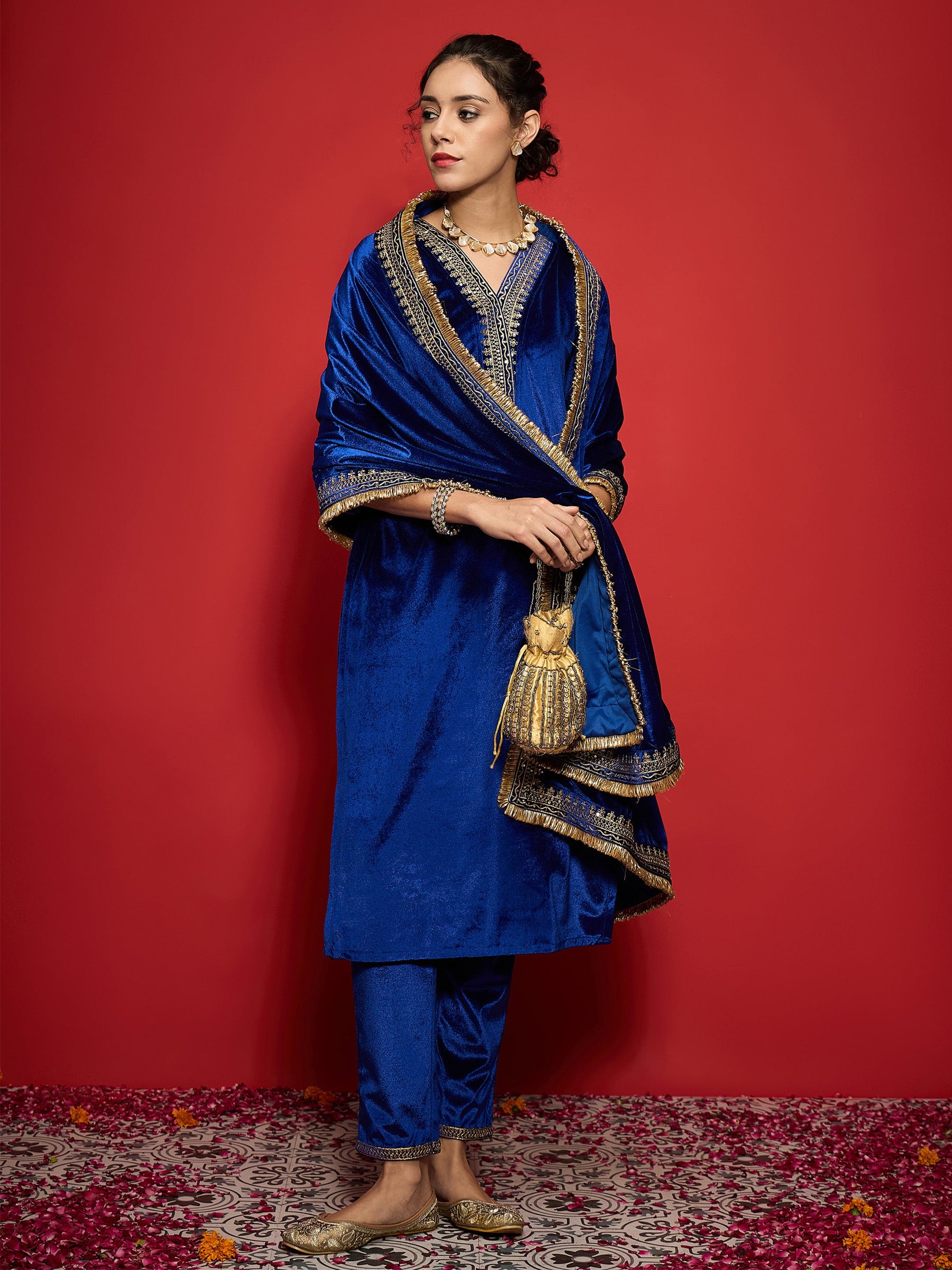 Royal Blue Velvet Embroidered Straight Kurta Set With Dushala-Shae by SASSAFRAS