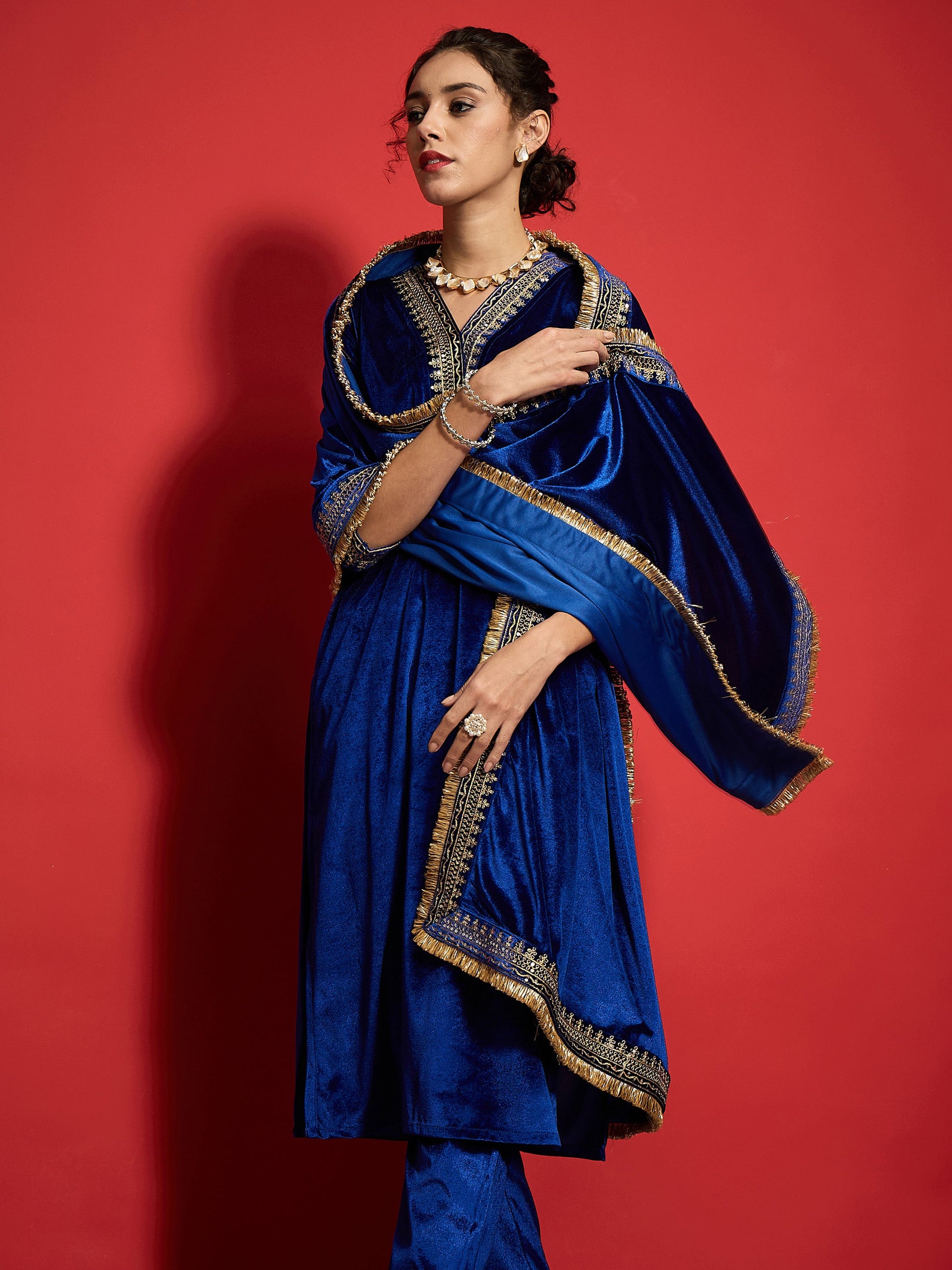 Royal Blue Velvet Embroidered Straight Kurta Set With Dushala-Shae by SASSAFRAS