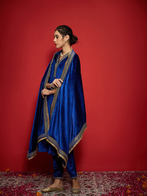 Royal Blue Velvet Embroidered Straight Kurta Set With Dushala-Shae by SASSAFRAS