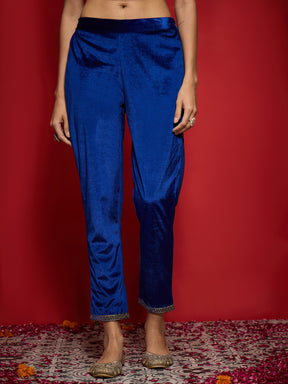 Royal Blue Velvet Embroidered Straight Kurta Set With Dushala-Shae by SASSAFRAS