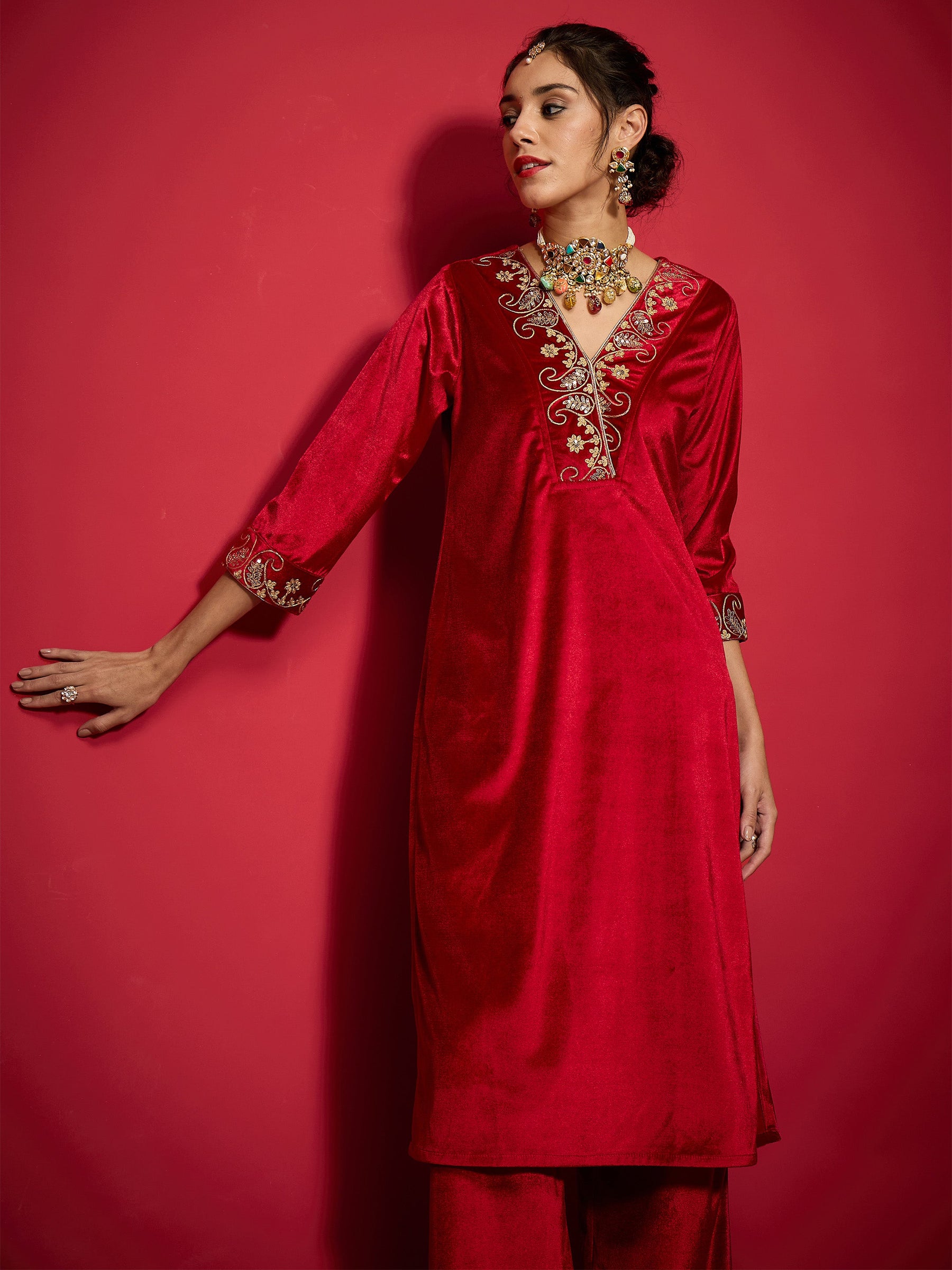 Red Velvet Embroidered V-Neck Straight Kurta-Shae by SASSAFRAS