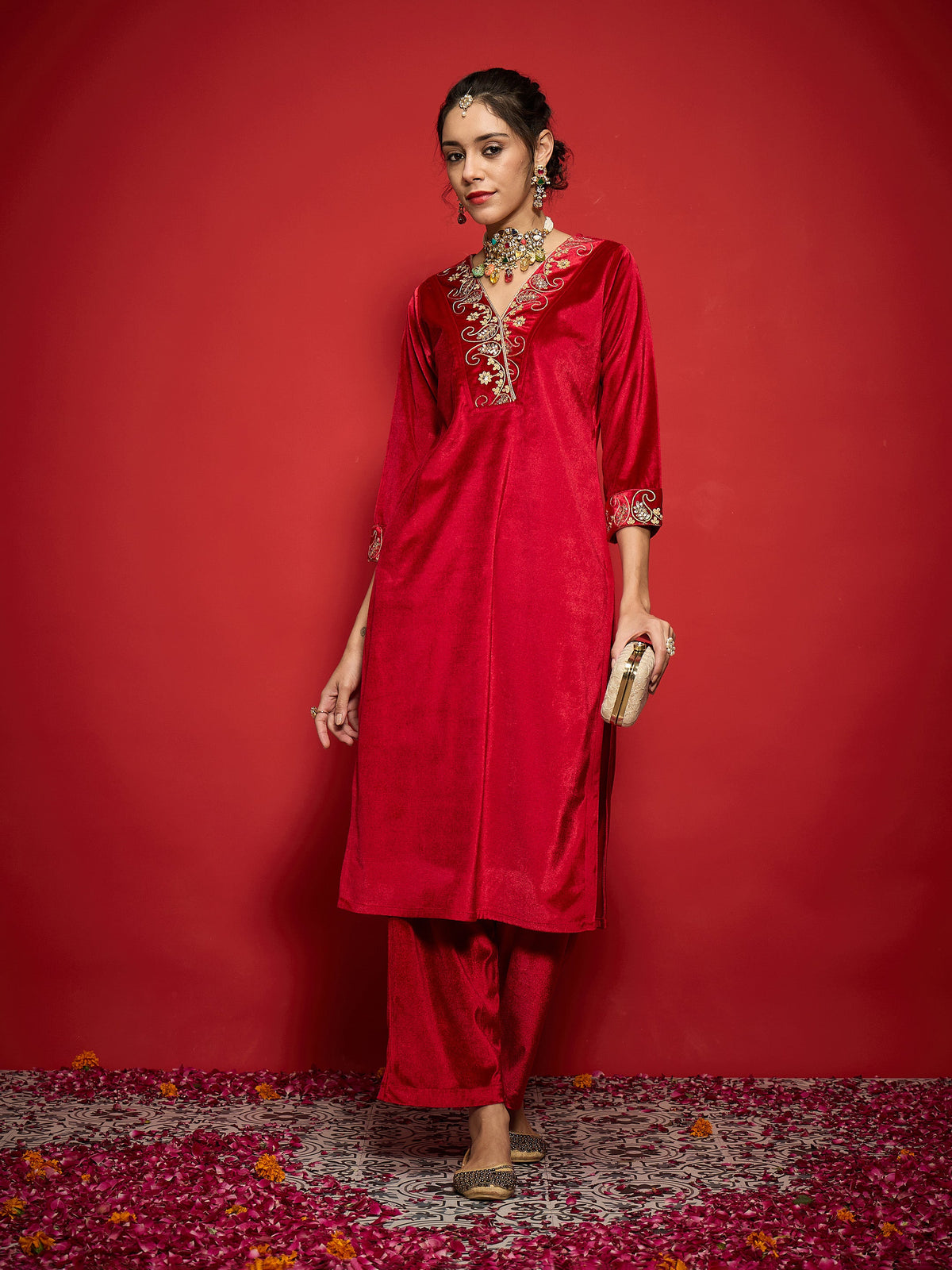 Red Velvet Embroidered V-Neck Straight Kurta-Shae by SASSAFRAS