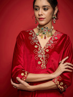 Red Velvet Embroidered V-Neck Straight Kurta-Shae by SASSAFRAS