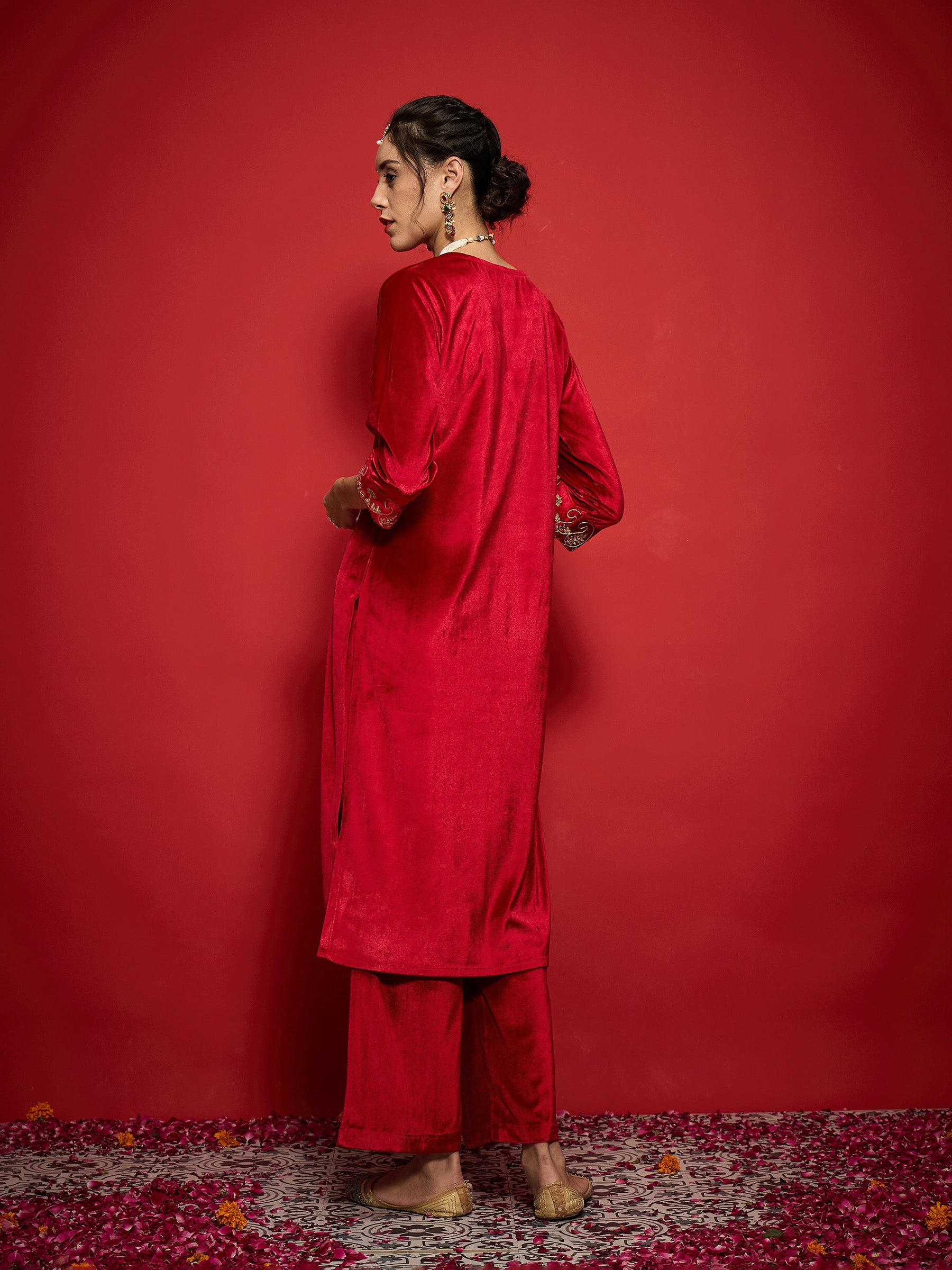 Red Velvet Embroidered V-Neck Straight Kurta-Shae by SASSAFRAS