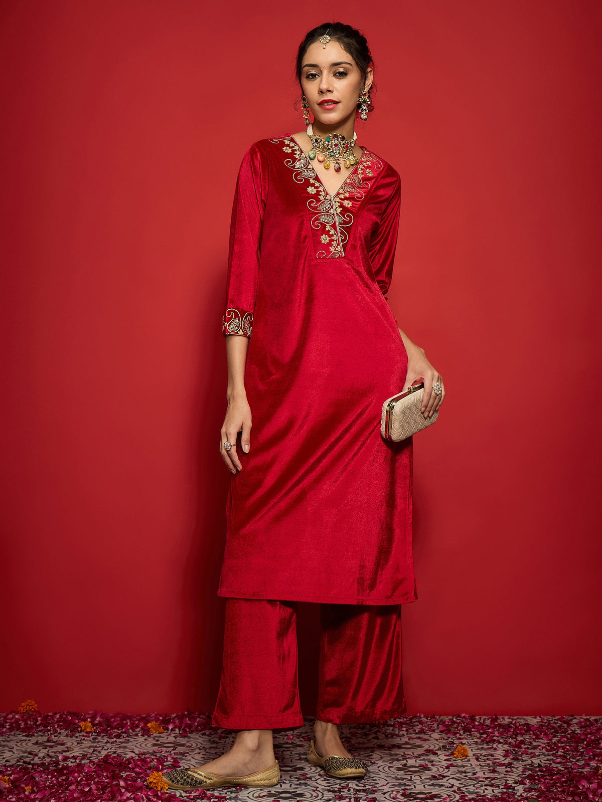 Red Velvet Embroidered V-Neck Kurta With Straight Pants -Shae by SASSAFRAS