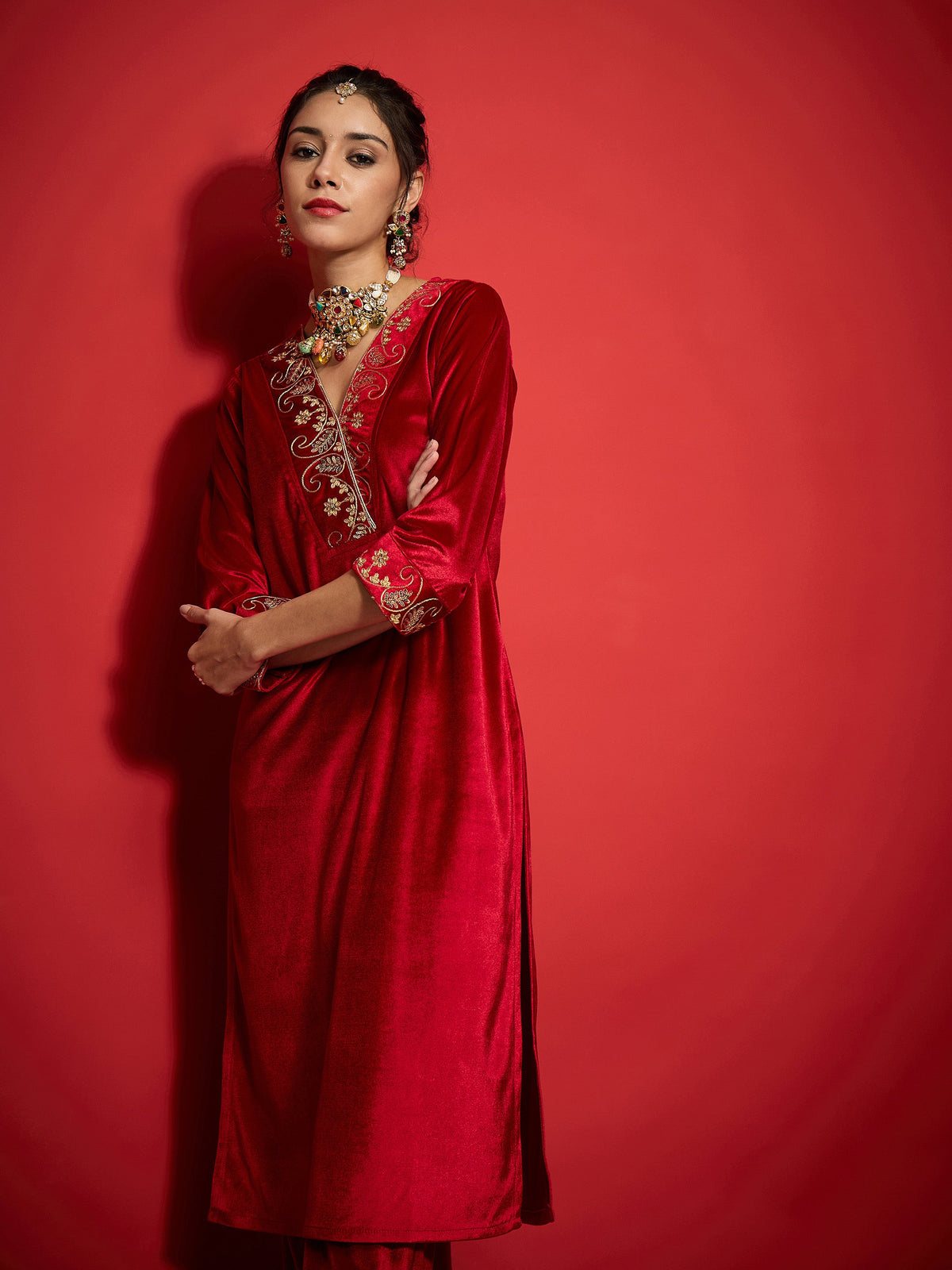 Red Velvet Embroidered V-Neck Kurta With Straight Pants -Shae by SASSAFRAS