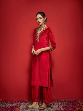 Red Velvet Embroidered V-Neck Kurta With Straight Pants -Shae by SASSAFRAS