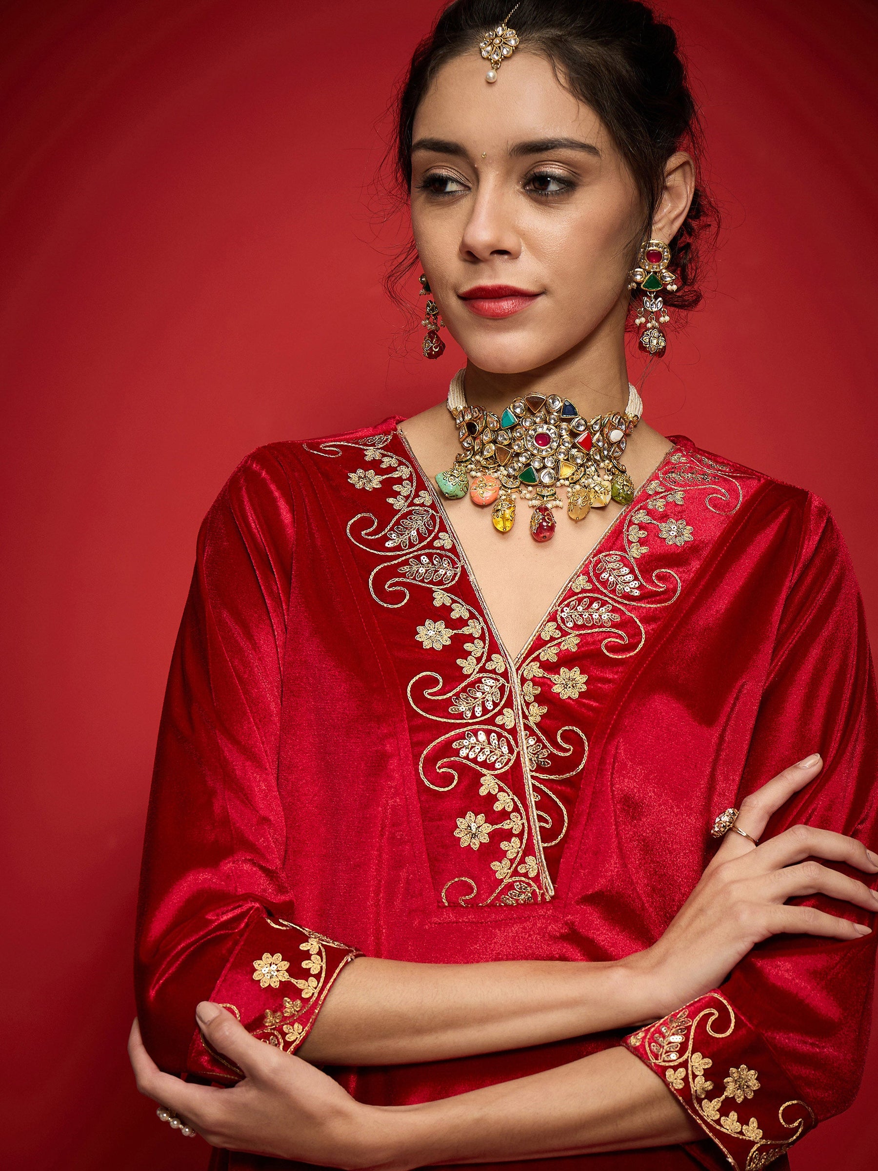 Red Velvet Embroidered V-Neck Kurta With Straight Pants -Shae by SASSAFRAS