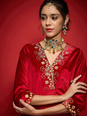 Red Velvet Embroidered V-Neck Kurta With Straight Pants -Shae by SASSAFRAS