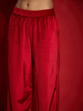 Red Velvet Embroidered V-Neck Kurta With Straight Pants -Shae by SASSAFRAS