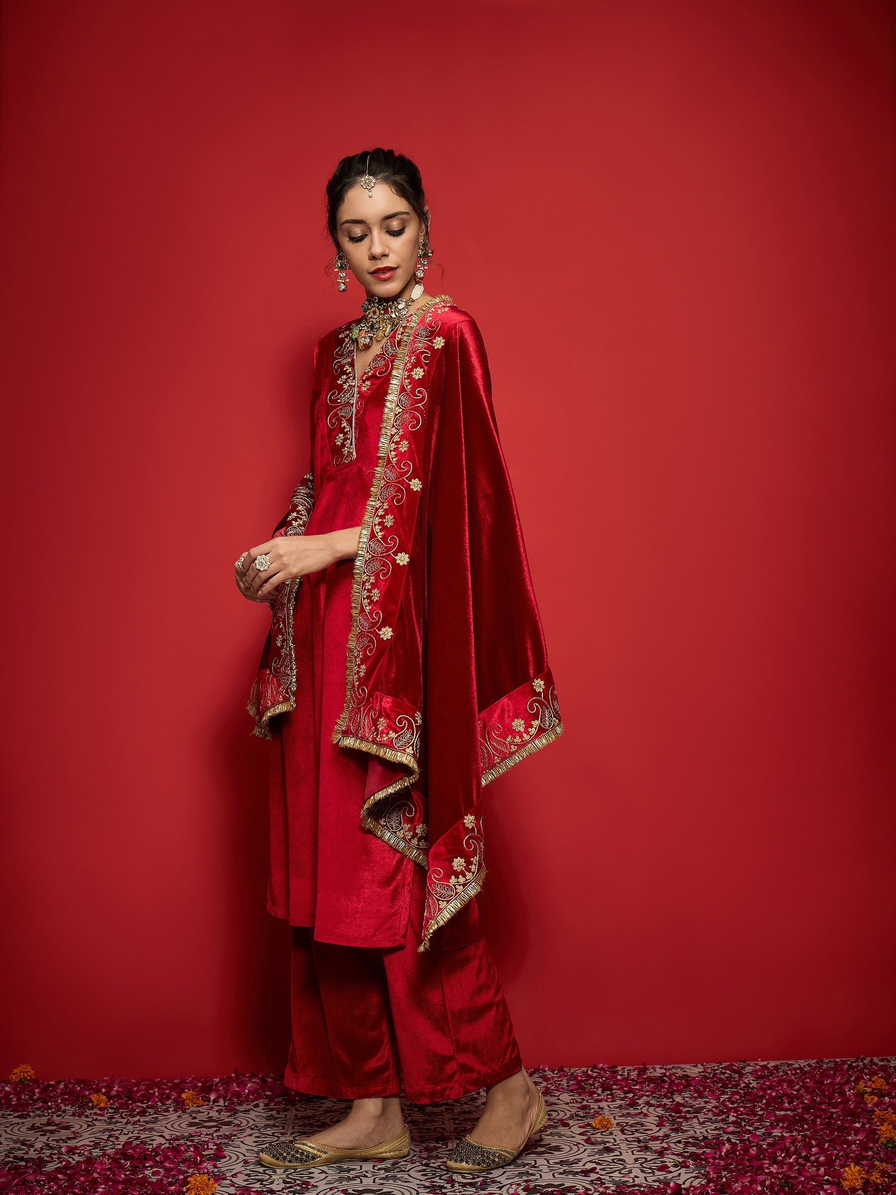 Red Velvet Embroidered V-Neck Kurta Set With Dushala-Shae by SASSAFRAS