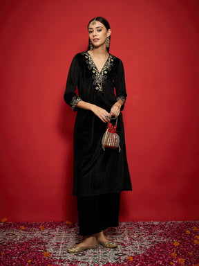 Black Velvet Embroidered V-Neck Straight Kurta-Shae by SASSAFRAS