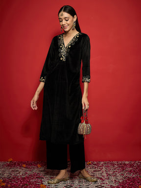 Black Velvet Embroidered V-Neck Kurta With Straight Pants -Shae by SASSAFRAS