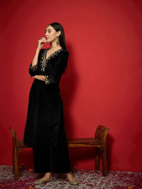 Black Velvet Embroidered V-Neck Kurta With Straight Pants -Shae by SASSAFRAS