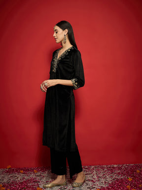 Black Velvet Embroidered V-Neck Kurta With Straight Pants -Shae by SASSAFRAS