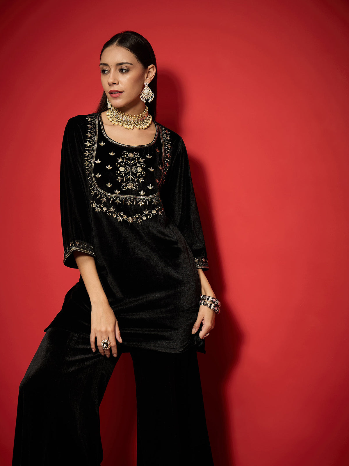 Black Velvet Embroidered Round Neck Short Kurta-Shae by SASSAFRAS