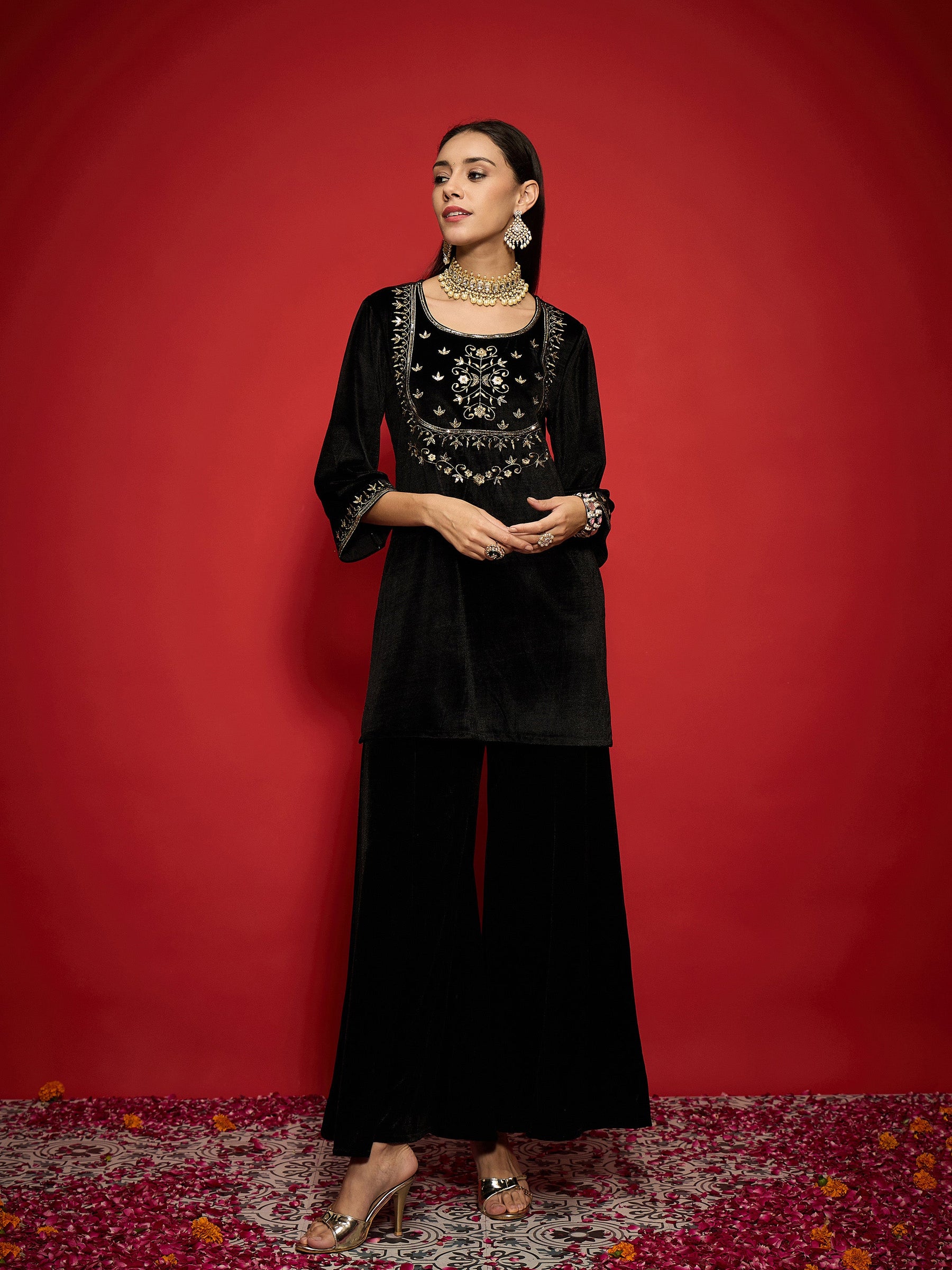 Black Velvet Embroidered Round Neck Short Kurta-Shae by SASSAFRAS