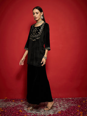 Black Velvet Embroidered Round Neck Short Kurta-Shae by SASSAFRAS