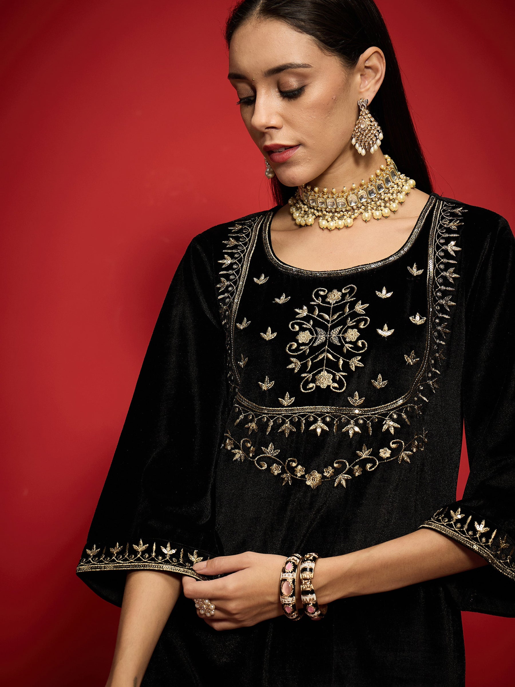 Black Velvet Embroidered Round Neck Short Kurta-Shae by SASSAFRAS