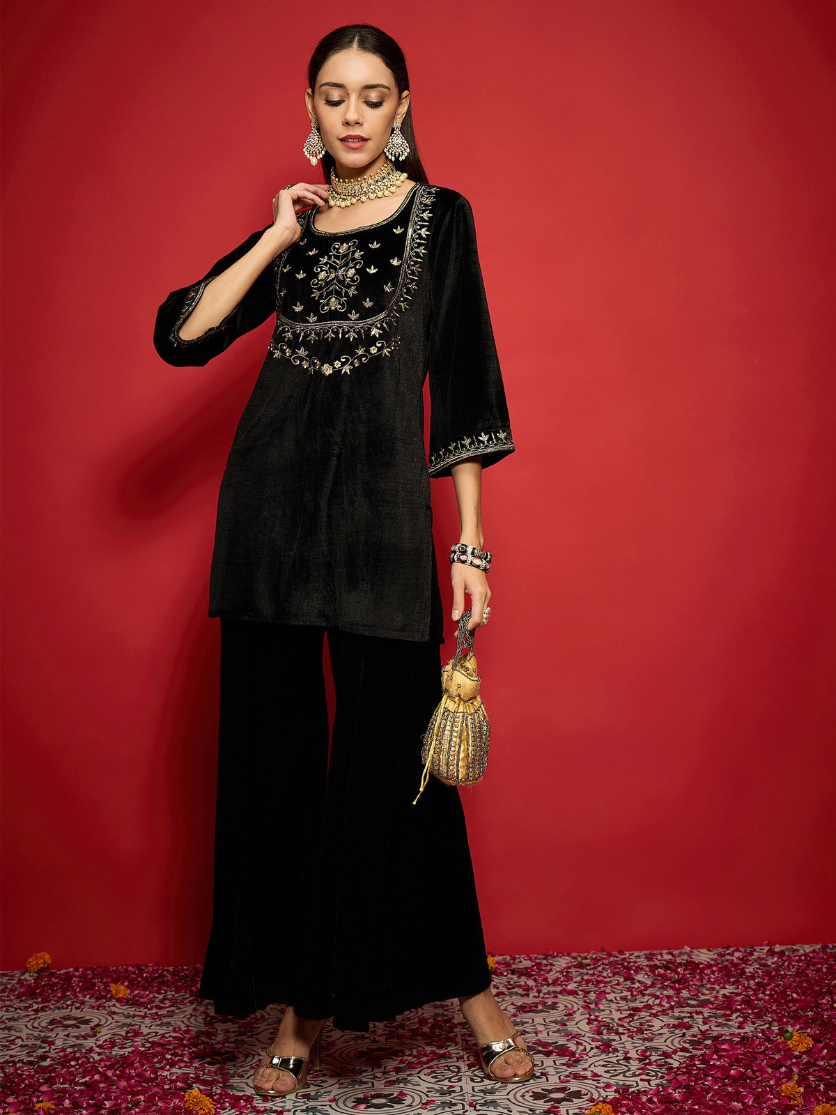 Black Velvet Embroidered Short Kurta With Palazzo Pants-Shae by SASSAFRAS