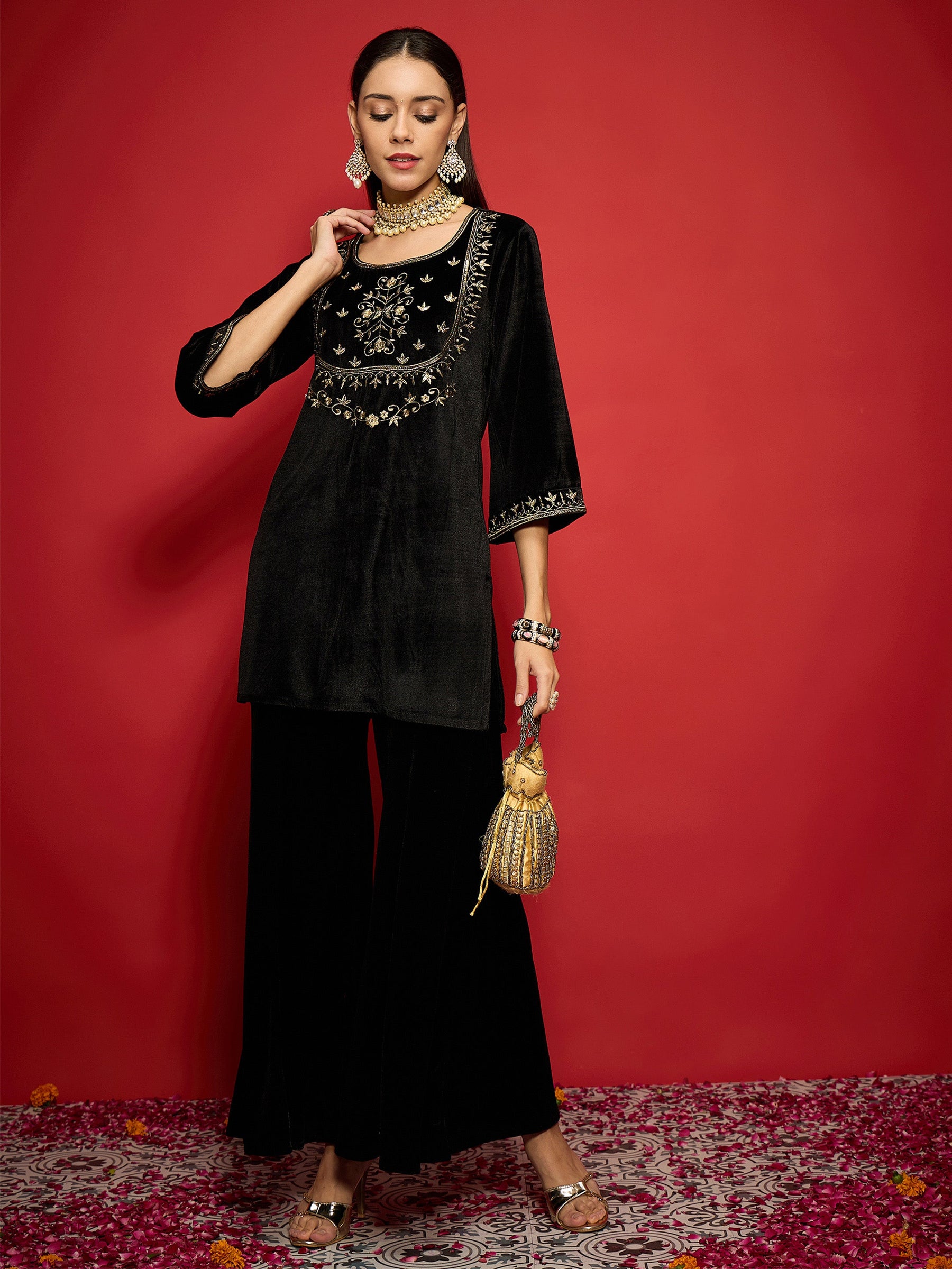 Black Velvet Embroidered Short Kurta With Palazzo Pants-Shae by SASSAFRAS