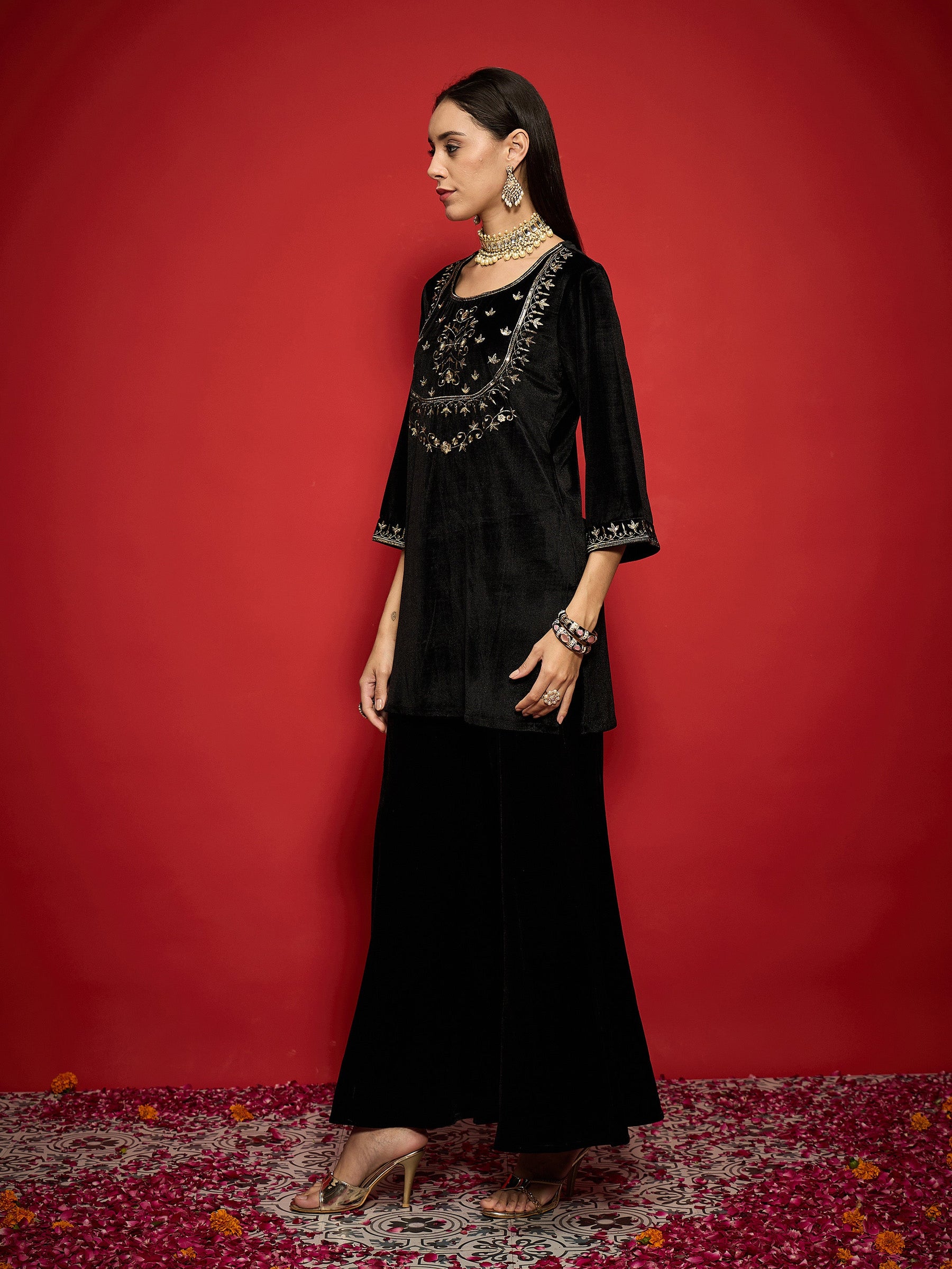 Black Velvet Embroidered Short Kurta With Palazzo Pants-Shae by SASSAFRAS