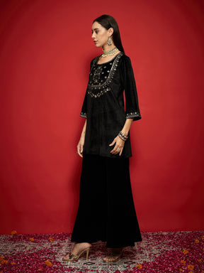 Black Velvet Embroidered Short Kurta With Palazzo Pants-Shae by SASSAFRAS