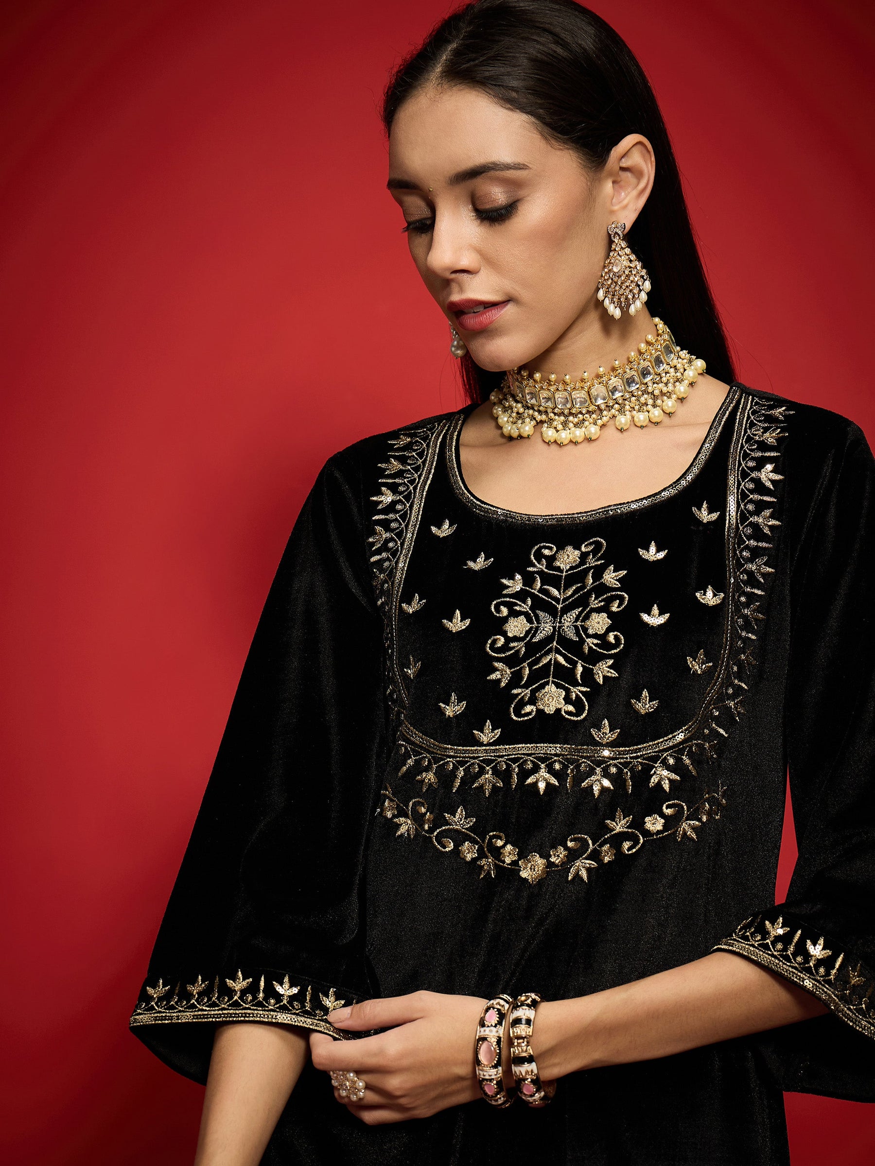 Black Velvet Embroidered Short Kurta With Palazzo Pants-Shae by SASSAFRAS