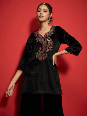 Black Velvet Front Multi Color Embroidered Short Kurta-Shae by SASSAFRAS