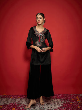 Black Velvet Front Multi Color Embroidered Short Kurta-Shae by SASSAFRAS